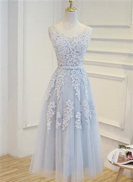 Picture of Simple Pretty Light Grey Tea Length Prom Dresses, Tea Length Bridesmaid Dresses